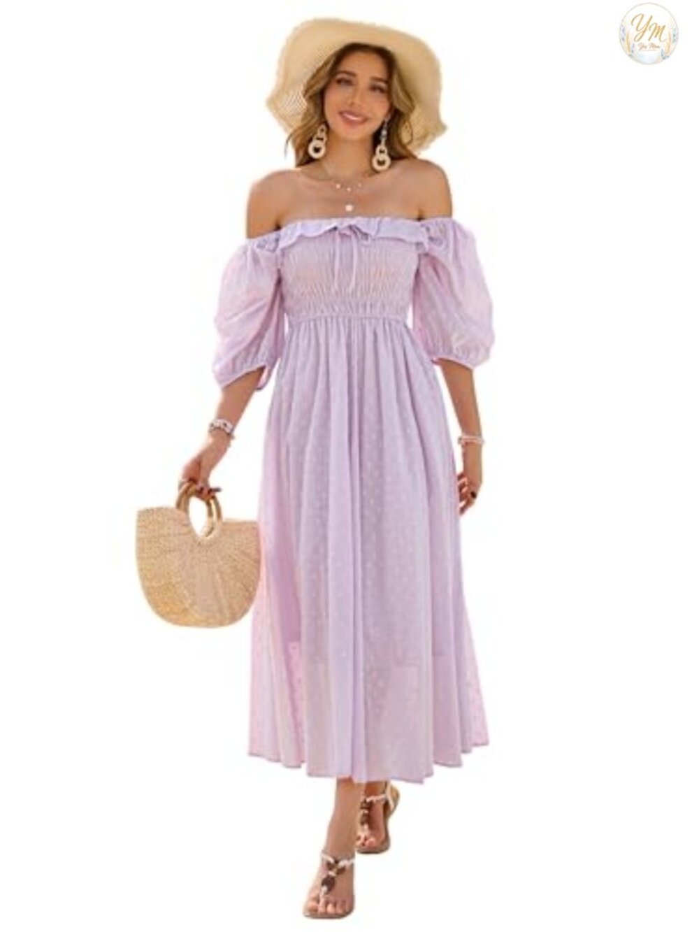 Women's 100% Cotton A Line Midi Dress Square Neck Puff Sleeve Backless Casual